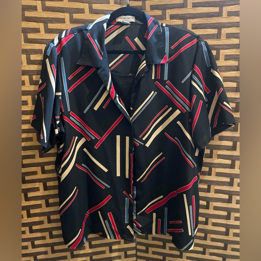 VINTAGE NOTATIONS black print button blouse womens 2x